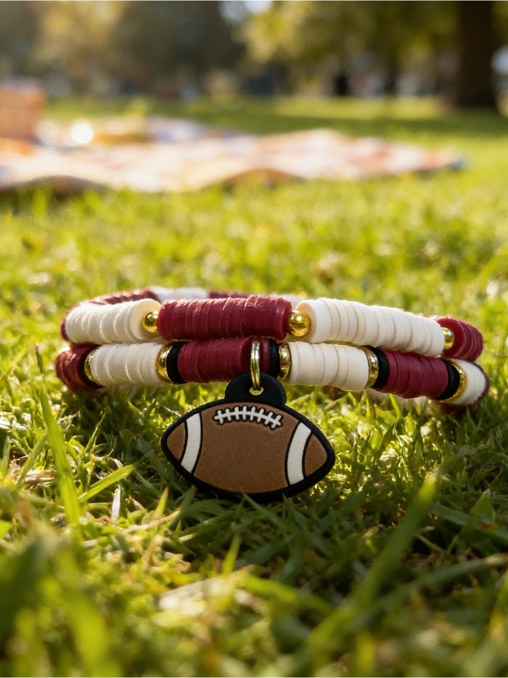 Maroon White Clay Bead Bracelet Stack, Football Gameday Spirit Set BTJ